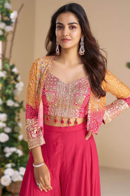 Magenta Pink Silk Bandhani Printed & Zari Embroidered Palazzo Set With Jacket