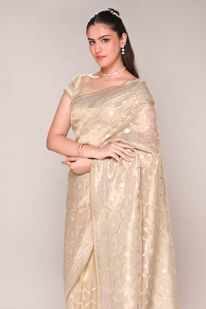 Beige Color Tissue Silk Resham & Sequins Embroidered Saree