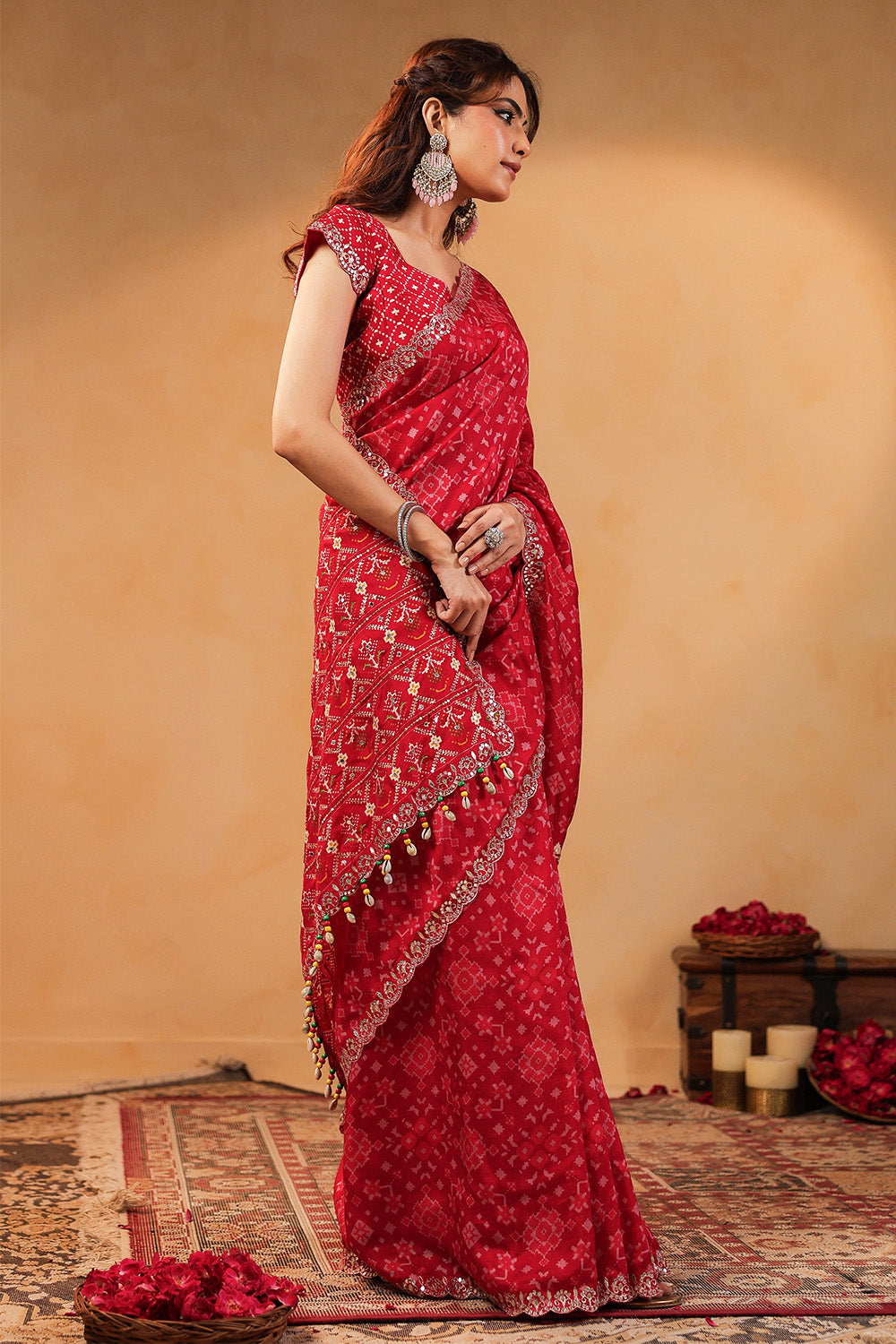 Red Color Ikat Patola Modal Silk Saree with Gota Patti Border
