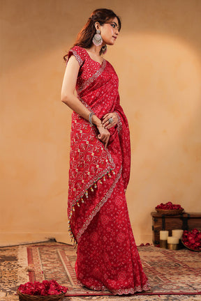 Red Color Ikat Patola Modal Silk Saree with Gota Patti Border
