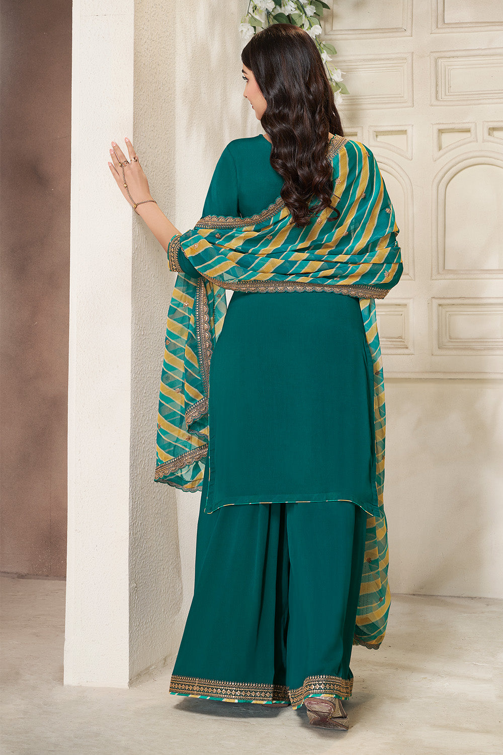 Teal Crepe Silk Embroidered Suit With Palazzo