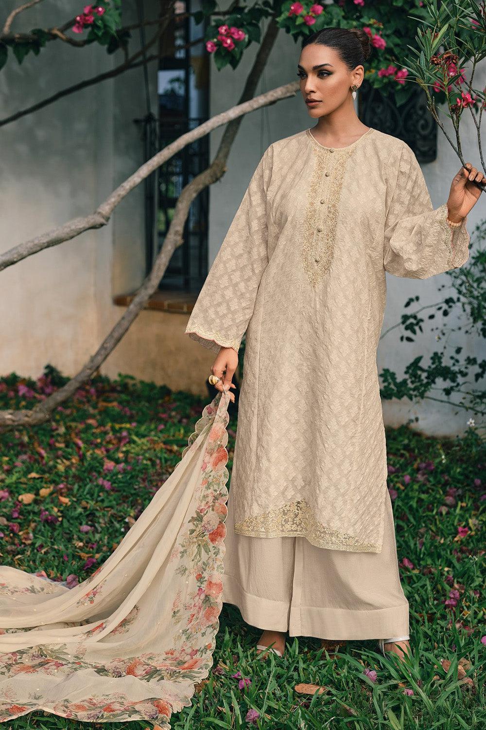 Beige Printed And Embroidered Cotton Unstitched Suit