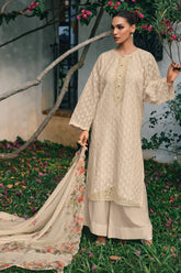 Beige Printed And Embroidered Cotton Unstitched Suit