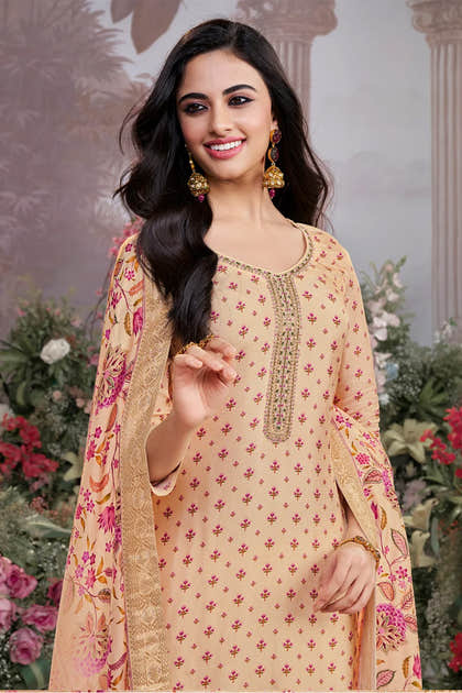 Cream Floral Printed & Zari Woven Silk Suit