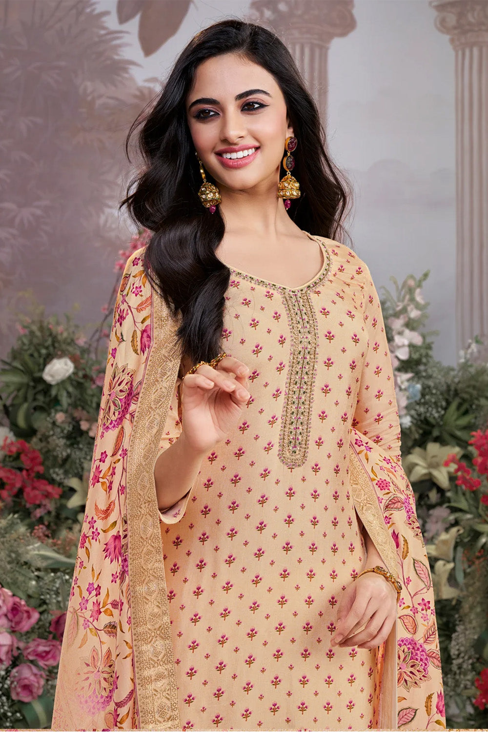 Cream Floral Printed & Zari Woven Silk Suit