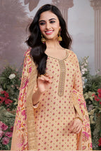 Cream Floral Printed & Zari Woven Silk Suit