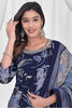 Navy Color Printed & Neck Embroidered Muslin Suit