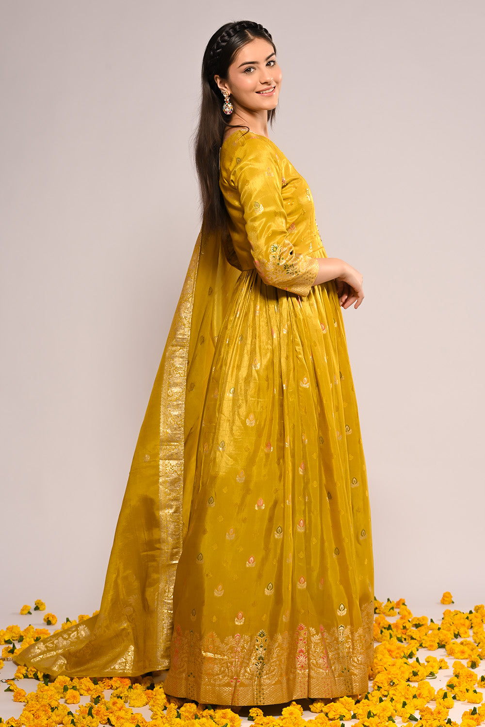Mustard Color Mantellic Tissue Embroidered and Woven Anarkali Suit