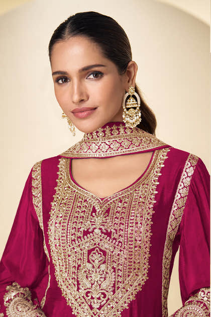 Crepe Silk Zari And Sequins Embroidered Suit Set