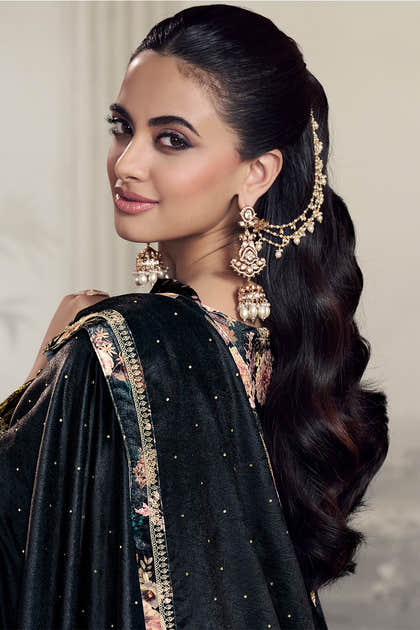 Grey Velvet Floral Printed And Embroidered Unstitched Suit Fabric