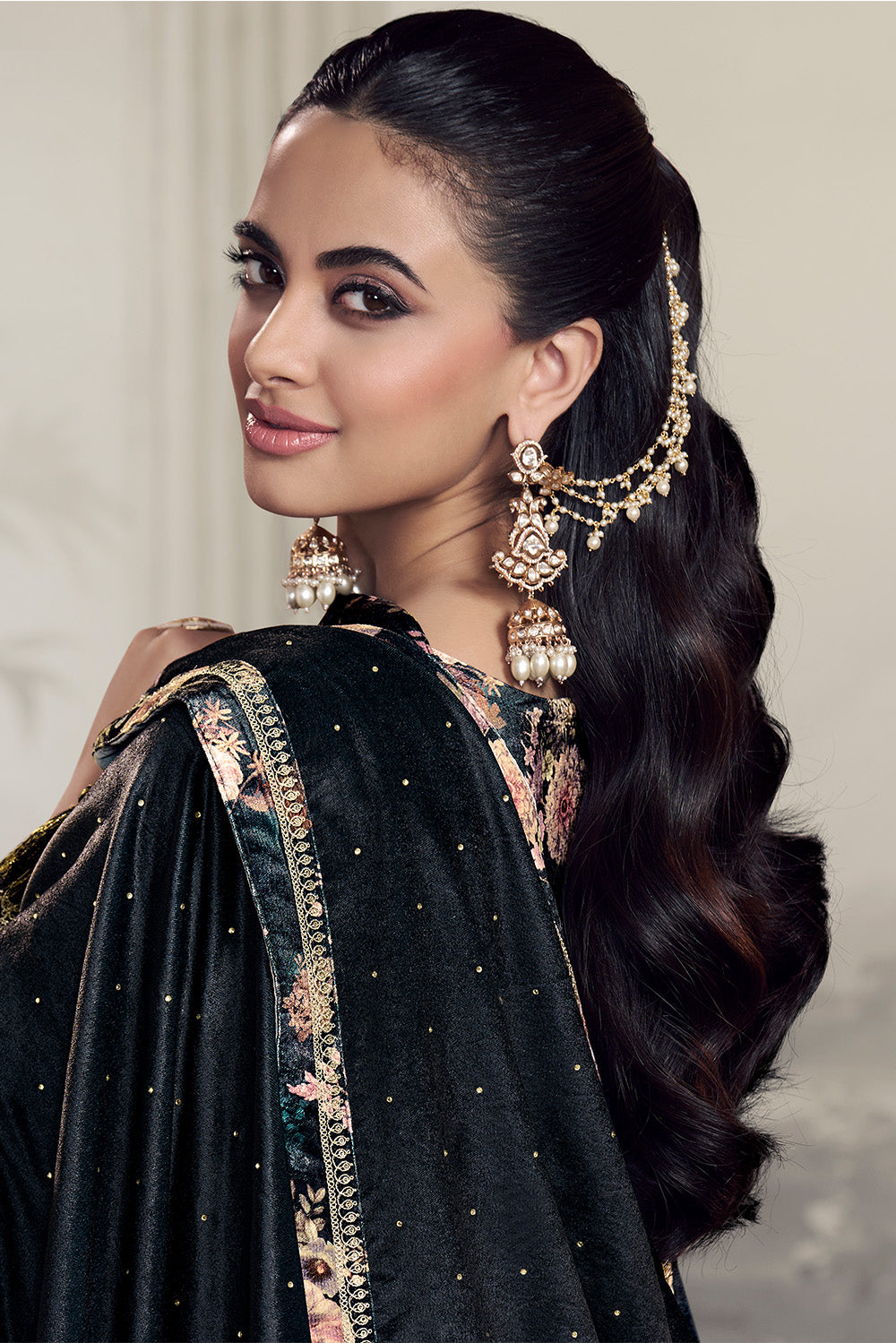 Grey Velvet Floral Printed And Embroidered Unstitched Suit Fabric