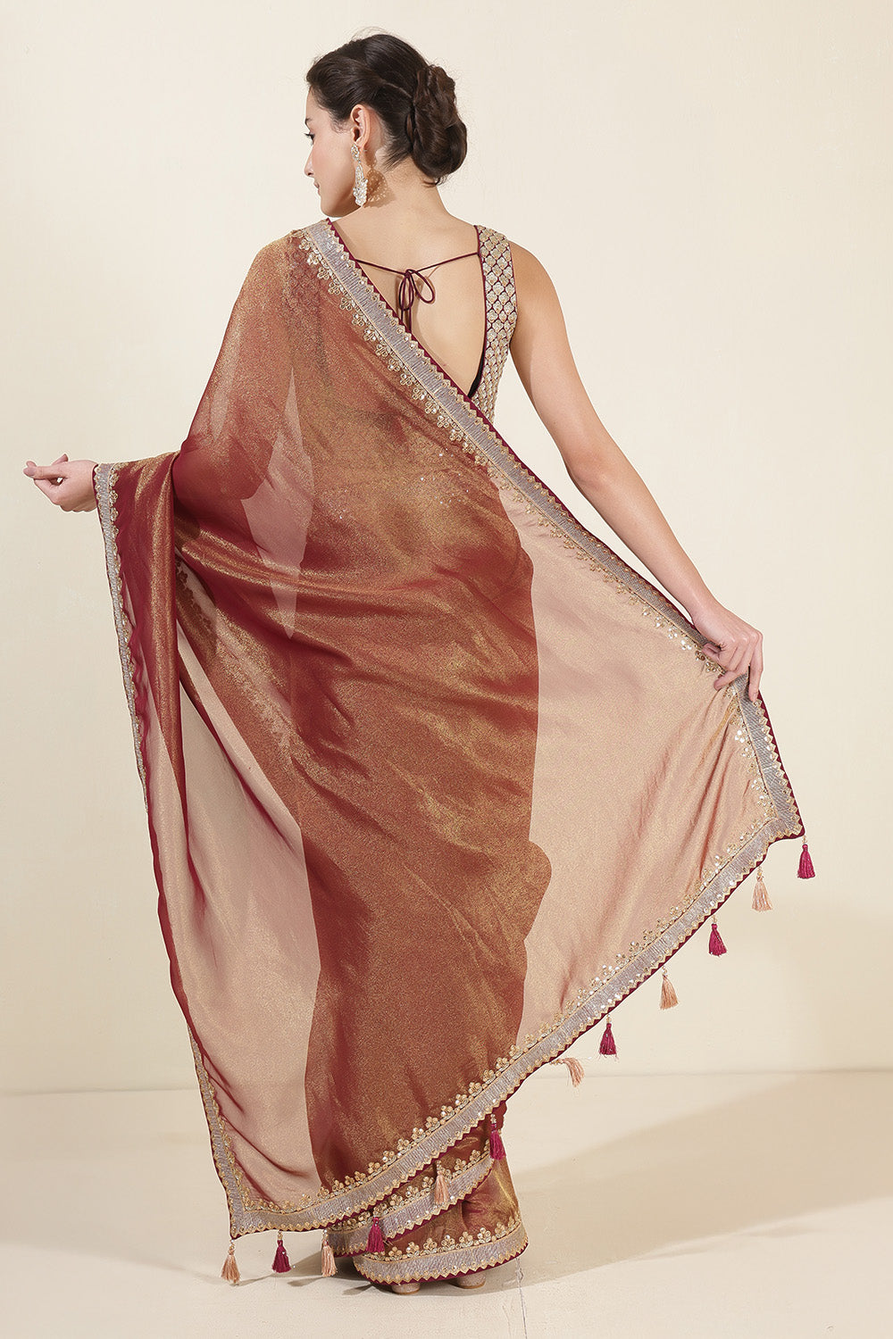 Wine & Golden Mantellic Tissue Embroidered Saree with Readymade Blouse