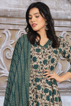 Beige & Blue Cotton Floral Printed Floor Lenght Anarkali Suit