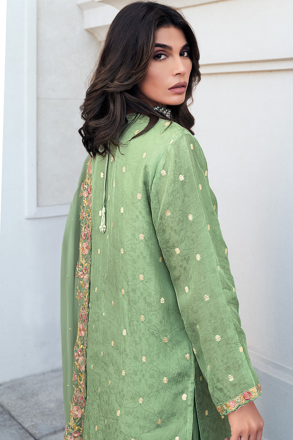 Sea Green Color Embroidered Organza Unstitched Suit Material