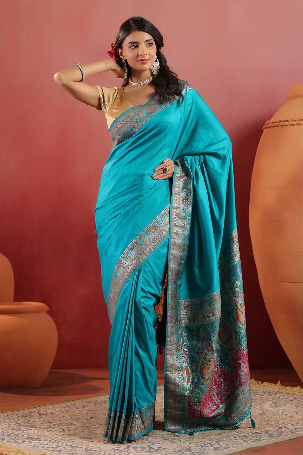 Teal Soft Silk Kalamkari Woven Saree