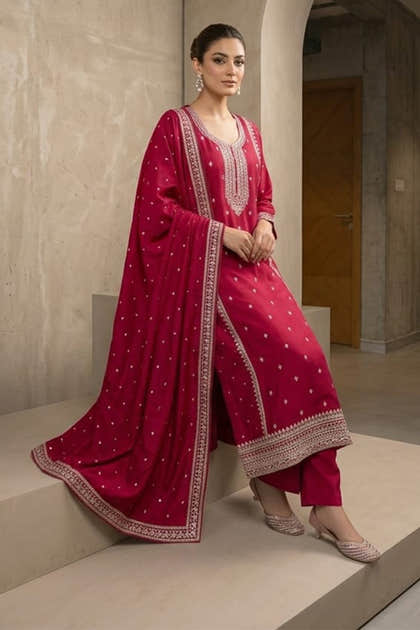 Magenta Pink Crepe Silk Zari and Sequins Embroidered Anarkali Suit