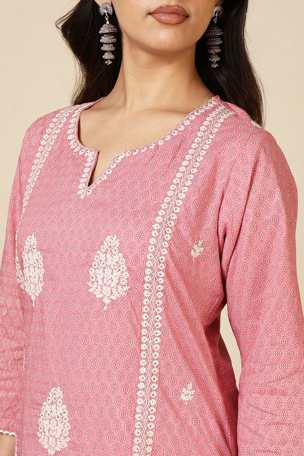 Pink Cotton Emboridered And Printed Suit Set