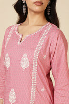 Pink Cotton Emboridered And Printed Suit Set