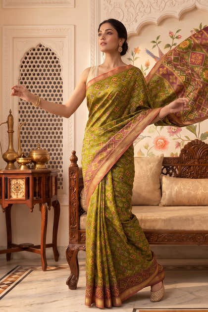 Green Cotton Printed And Woven Border Saree