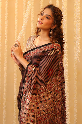 Light Brown Pure Mulberry Silk Printed And Embroidered Saree