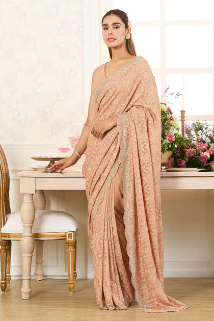Fawn Georgette Embroidered And Swaroski Work Saree