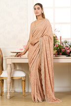 Fawn Georgette Embroidered And Swaroski Work Saree
