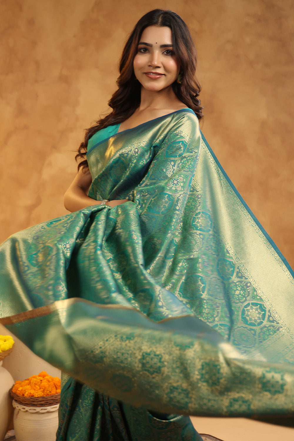Teal Colour Silk Woven Saree