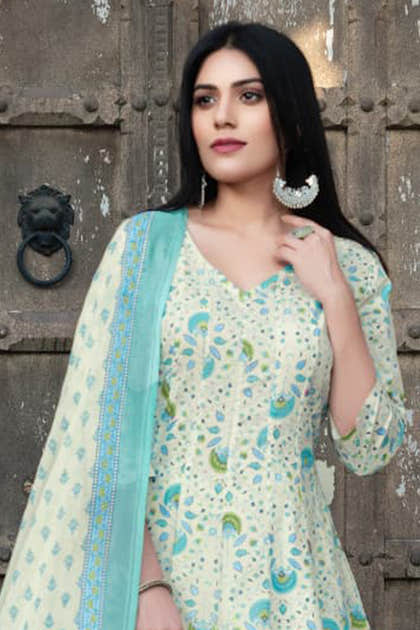 Cream & Blue Cotton Floral Printed Floor Lenght Anarkali Suit