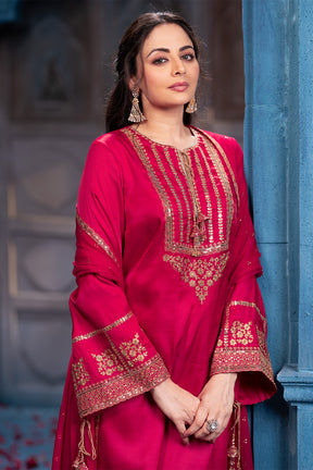 Cherry Red Sequins And Zari Embroidered Silk Suit Set
