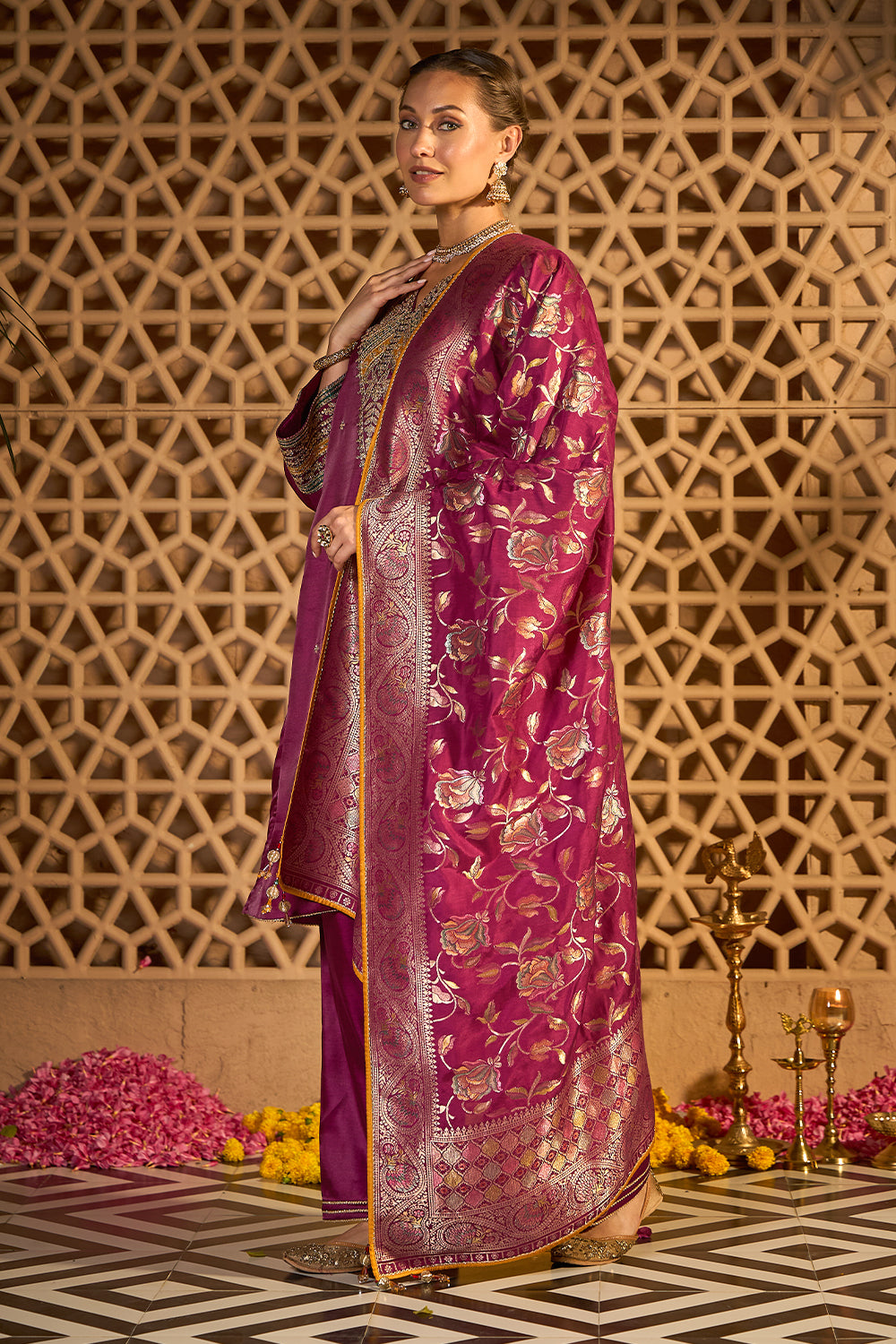 Wine Silk Embroidered Unstitched Suit Material With Banarsi Dupatta