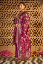 Wine Silk Embroidered Unstitched Suit Material With Banarsi Dupatta