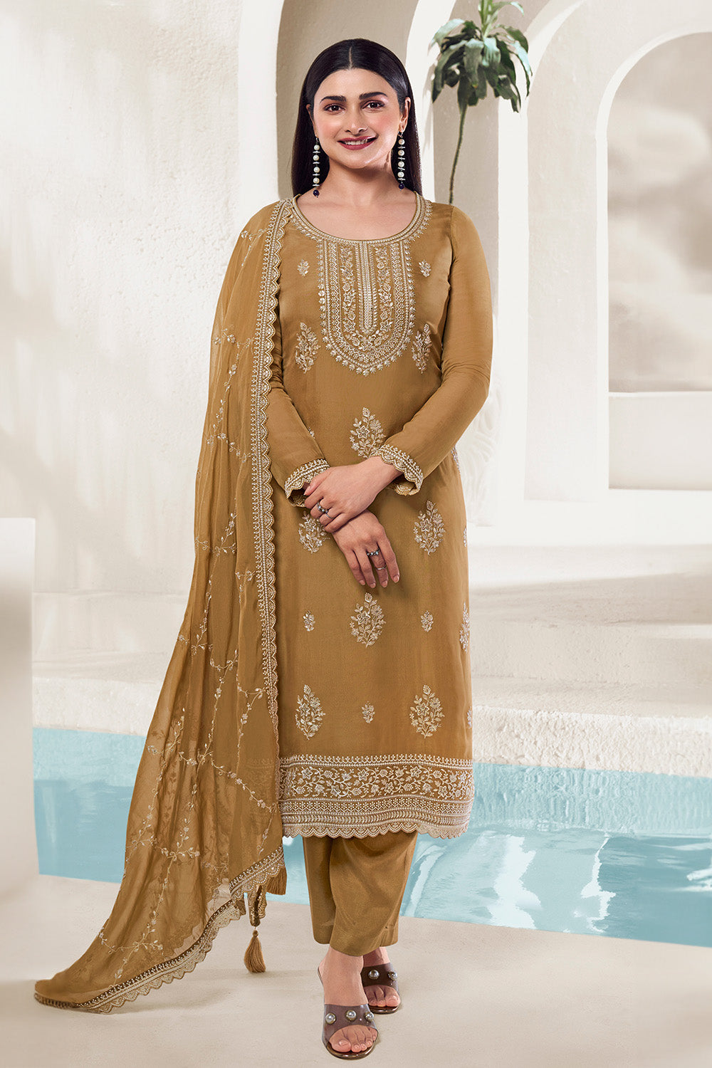 Mustard Color Muslin Resham Embroidered Unstitched Suit Material