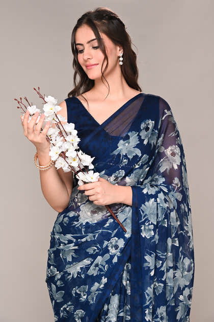 Navy Color Floral Printed Chiffon Saree