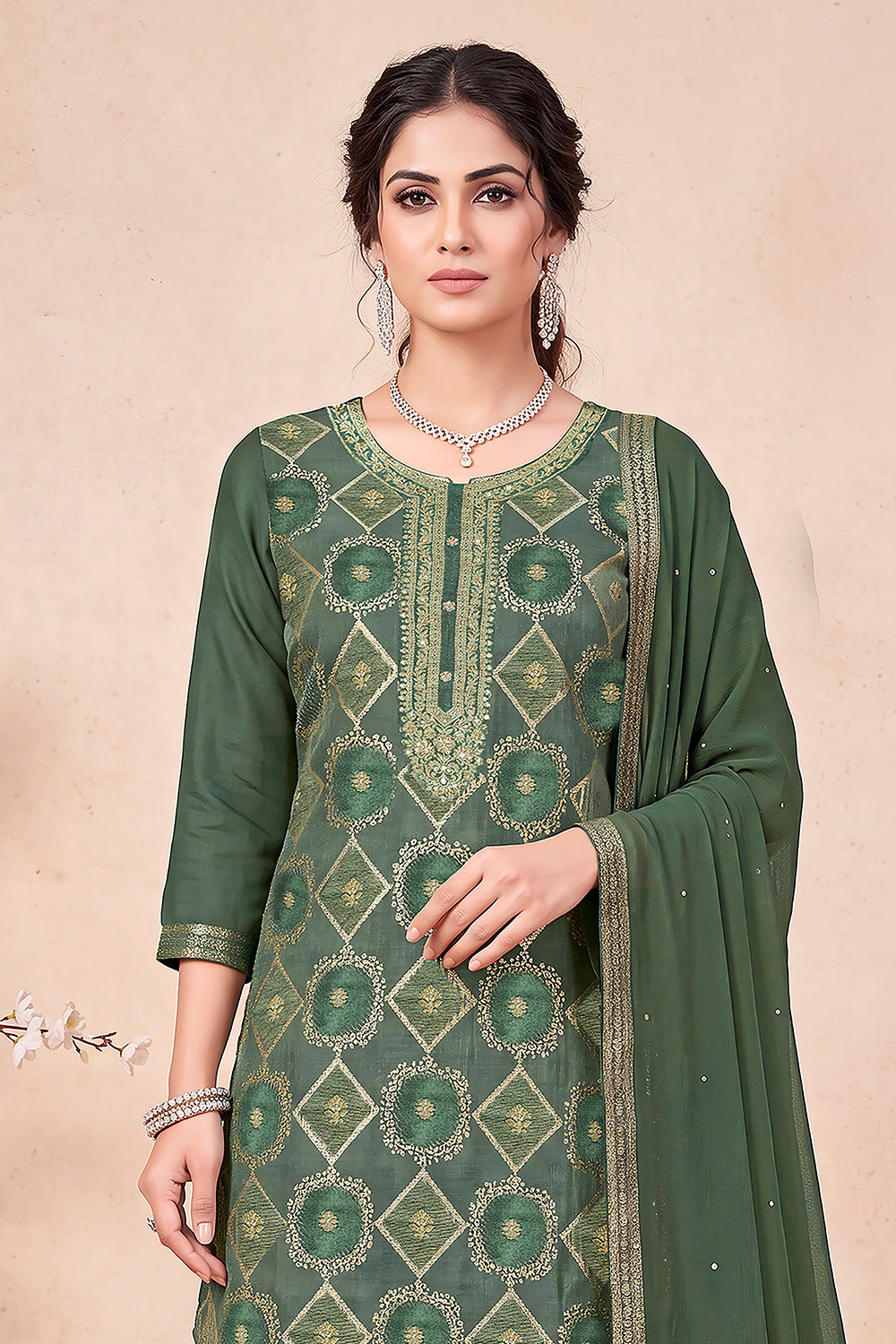 Green Zari Woven Silk Unstitched Suit Fabric