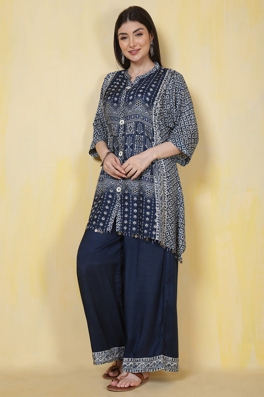 Navy Blue Muslin Printed Kurta Set