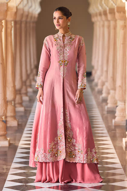 Dusty Pink Organza Embroidered A-Line Front Slit Dress With Croptop & Palazzo