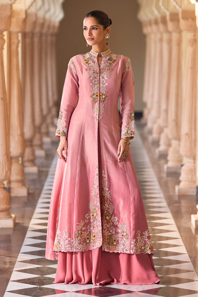 Dusty Pink Organza Embroidered A-Line Front Slit Dress With Croptop & Palazzo