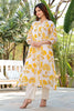 Cream & Yellow Cotton Floral Printed Kurta Set