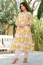 Cream & Yellow Cotton Floral Printed Kurta Set