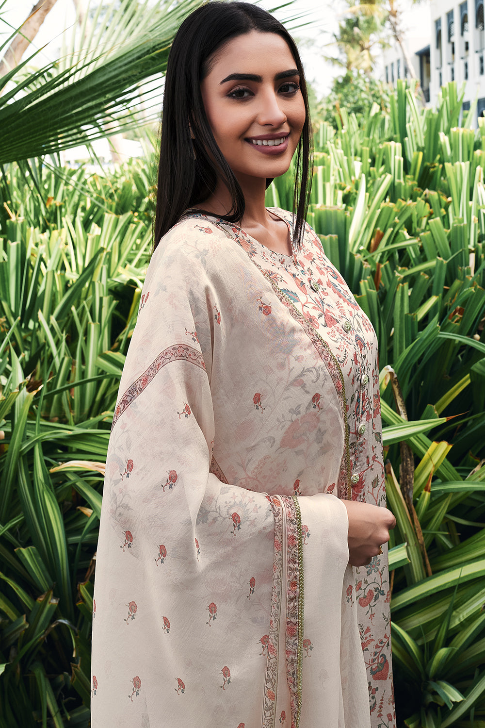 Cream Color Floral Printed Unstitched Suit Material