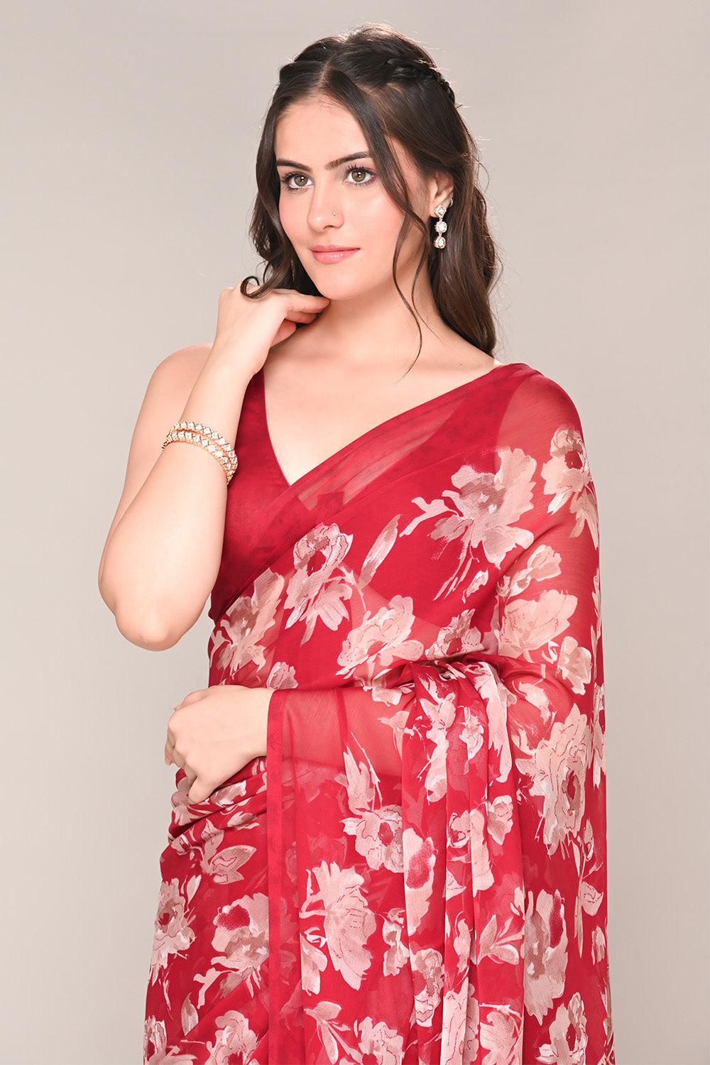 Maroon Color Floral Printed Chiffon Saree