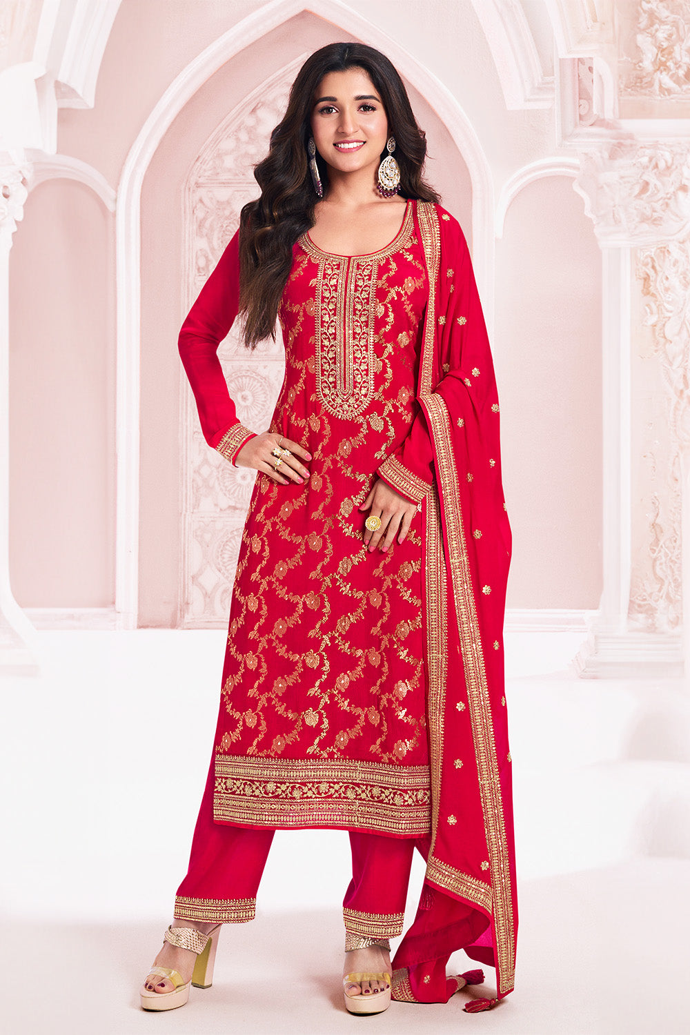 Red Color Zari Embroidered Banarasi Silk Unstitched Suit Fabric