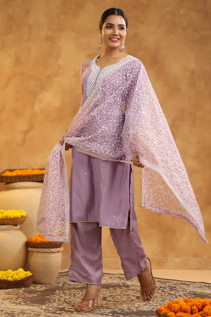 Light Lavender Color Cotton Neck Embroidered Unstitched Suit Fabric