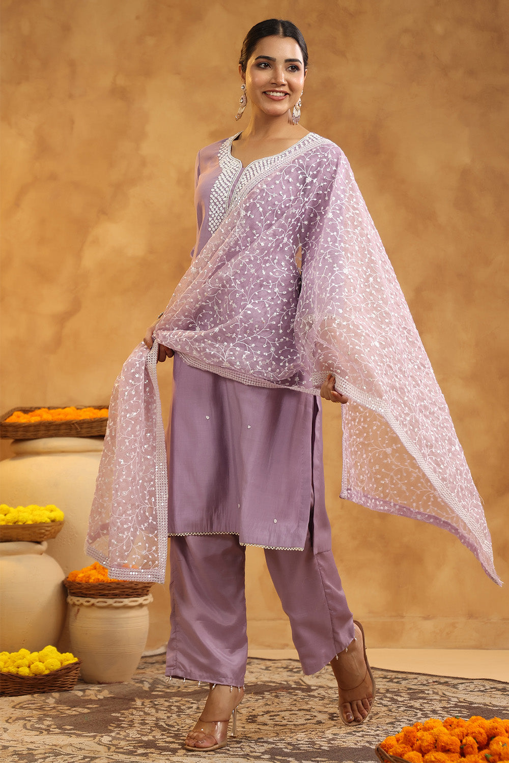 Light Lavender Color Cotton Neck Embroidered Unstitched Suit Fabric