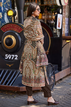 Beige & Brown Color Pashmina Printed Unstitched Suit Material