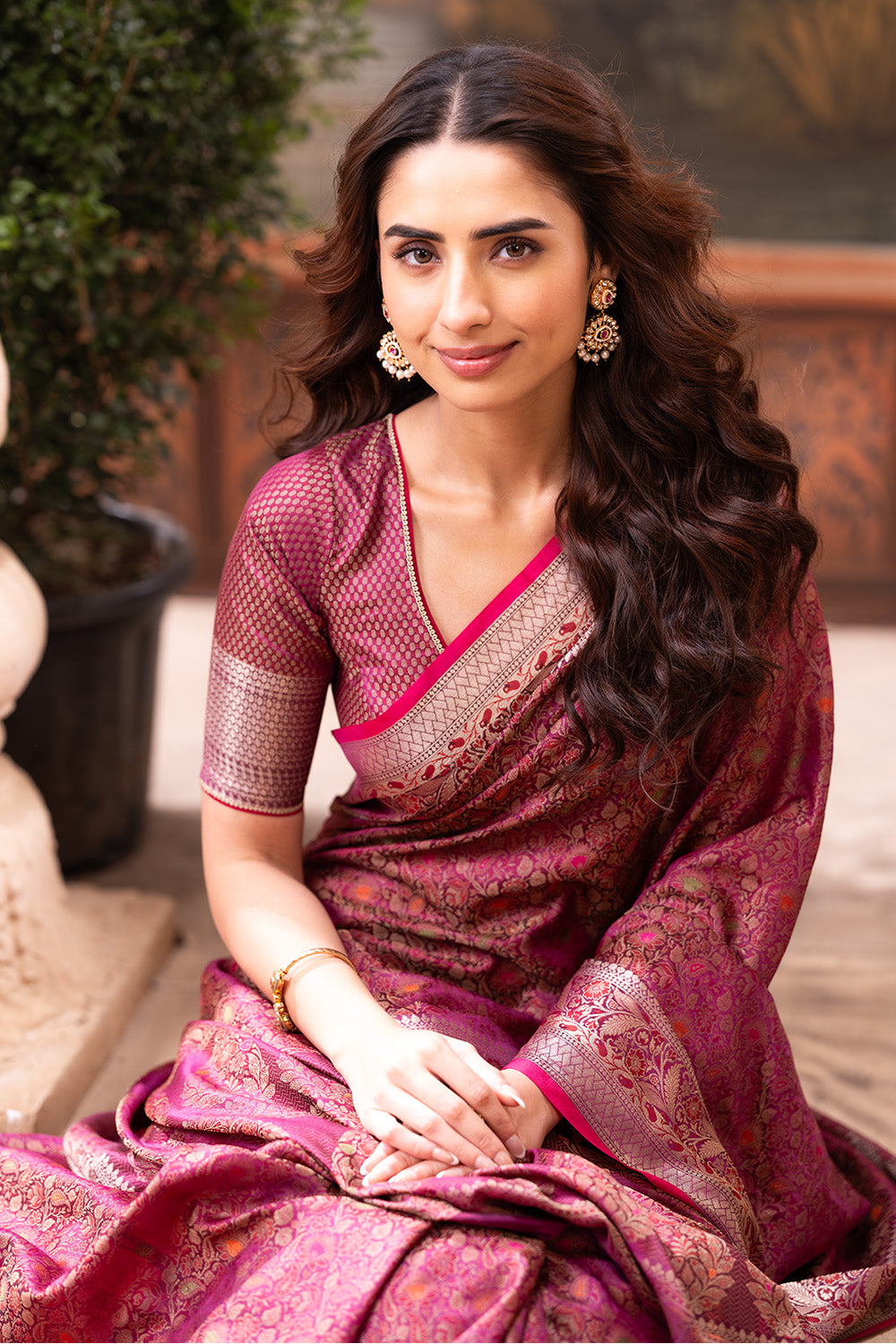 Wine Cotton Silk Floral Resham & Zari Wovern Saree