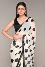 Cream And Black Color Polka-Dot Crepe Printed Saree