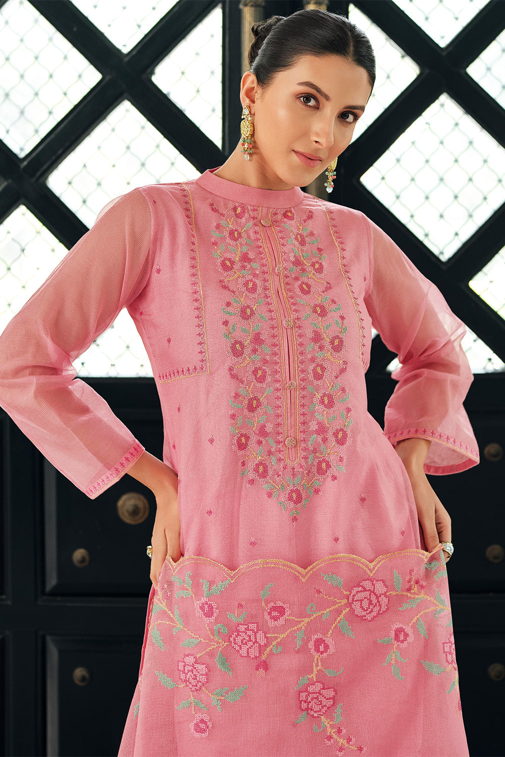 Pink Kota Silk Double Layer Embroidered Unstitched Suit Fabric