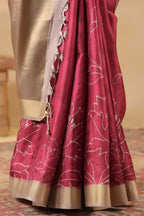 Deep Carmine Floral Printed and Zari Woven Tussar Silk Saree