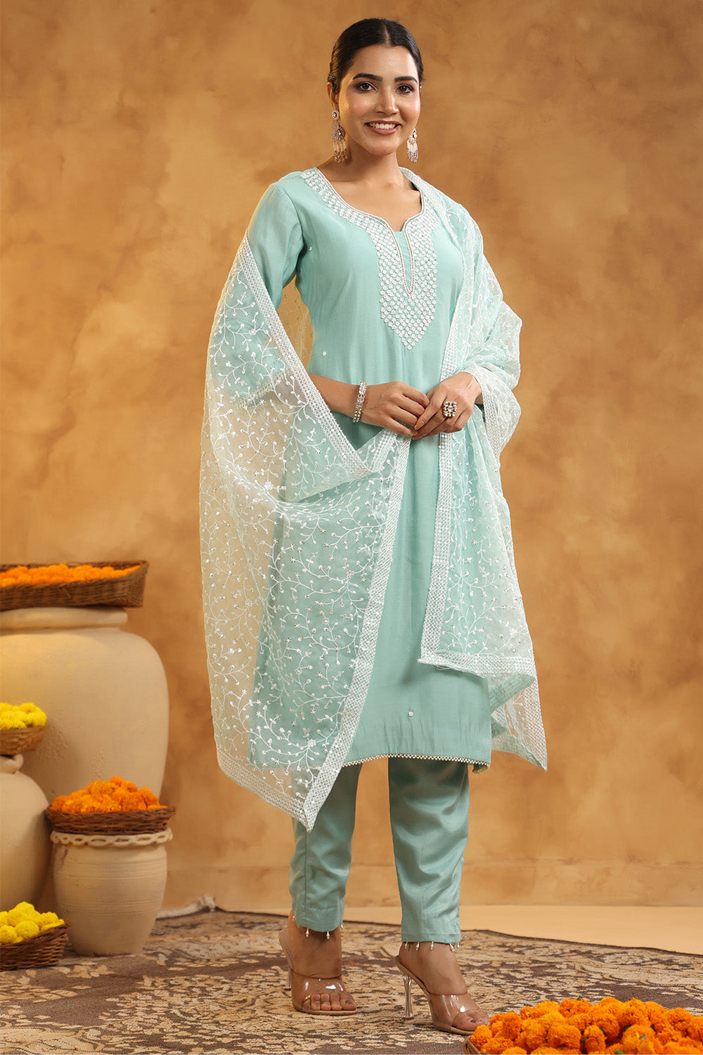 Powder Blue Color Cotton Neck Embroidered Unstitched Suit Fabric